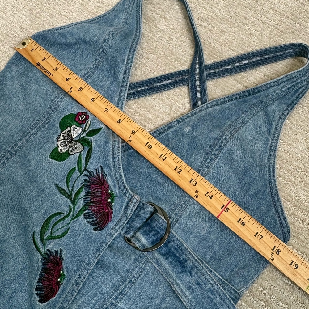 H&M X Coachella Floral Embroidered Denim Overall Dress Size 12 Wrap Front Belt - Picture 9 of 13